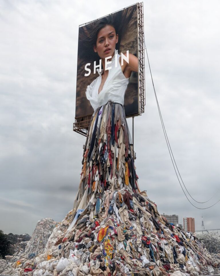 A jarring image of a billboard with a model wearing a skirt made of discarded clothing, standing on a colossal pile of textile waste, symbolizing the failure of modern sustainable fashion initiatives.