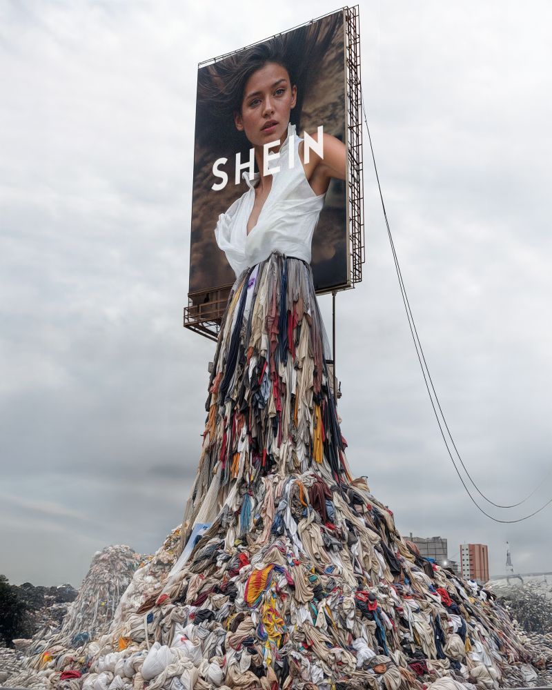 A jarring image of a billboard with a model wearing a skirt made of discarded clothing, standing on a colossal pile of textile waste, symbolizing the failure of modern sustainable fashion initiatives.
