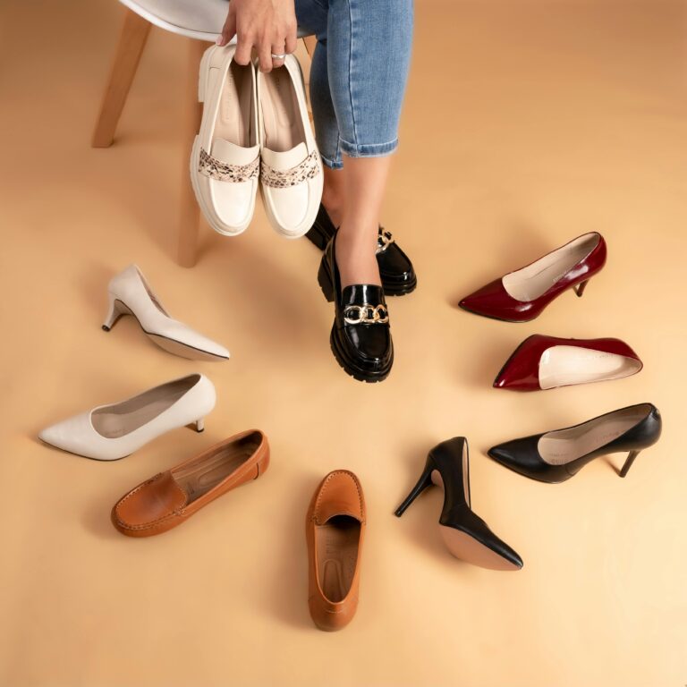Flat lay of five essential shoes forming a complete shoe wardrobe